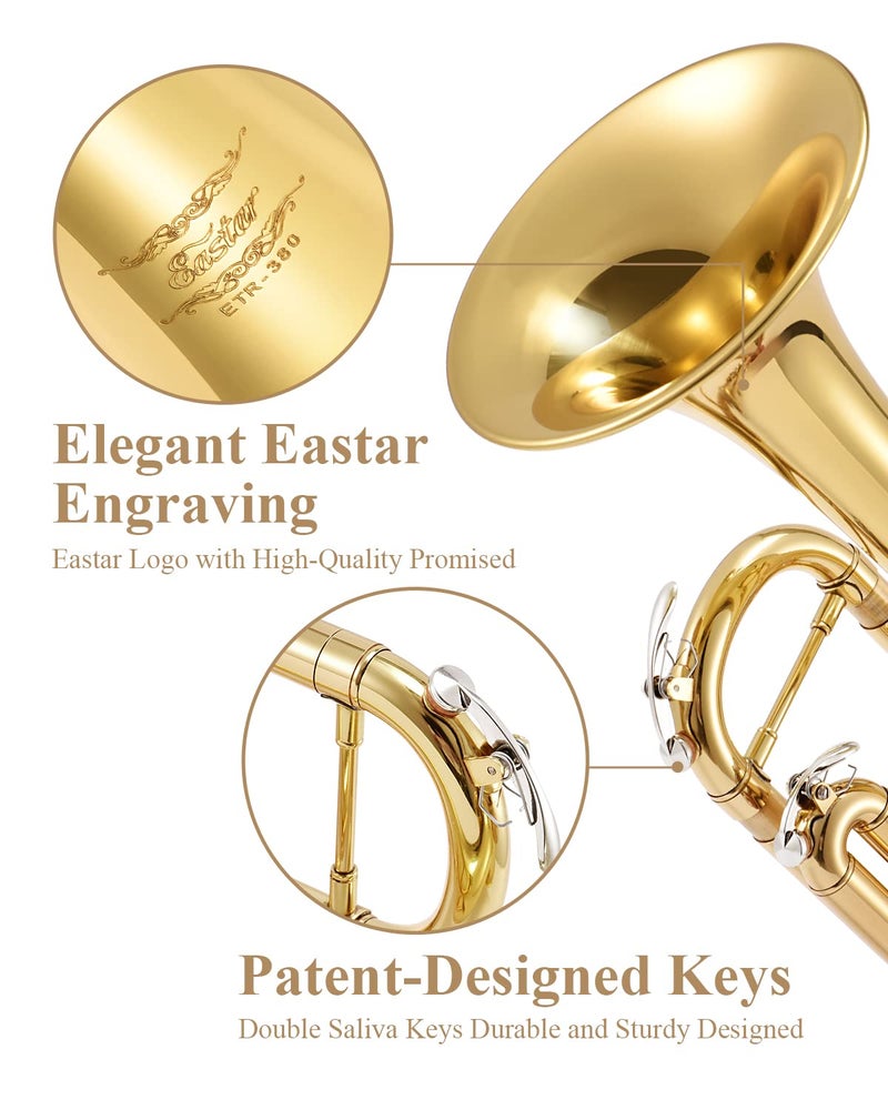 Eastar Bb Standard Trumpet Set for Beginner, Brass Student Trumpet Instrument with Hard Case, Cleaning Kit, 7C Mouthpiece and Gloves, ETR-380, Golden - Image 2